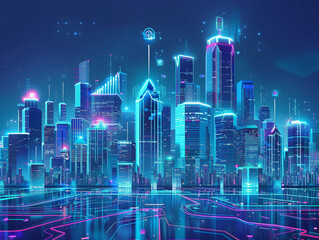 Smart city on a dark blue background, featuring intelligent infrastructure and connected buildings. This futuristic cityscape showcases IoT, 5G and AI integration 