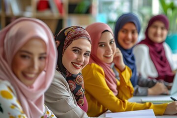 Obraz premium Empowered collaboration: Group of hijab-wearing women smile and work together at a table with laptops