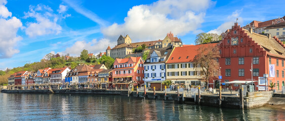 Picturesque panorama of the lakeshore of the town Meersburg at Lake Constance with the building...