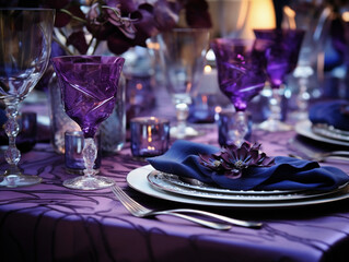 table set at a party or wedding in purple 