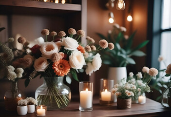 Room decorated with fresh flowers. Vases of  blossom flowers on wooden table 