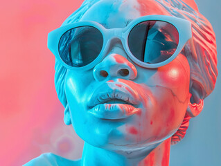 white marble statue of an african woman, small smile on sunglasses, neon lighting, cyan background 