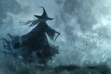 Mystische Hexe: Illustration einer geheimnisvollen Zauberin in der Dunkelheit