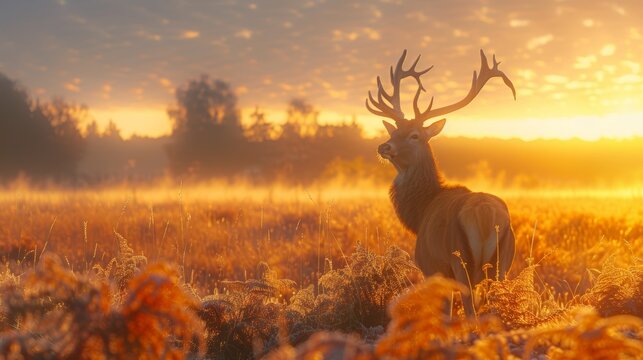 Red deer with large antlers standing in meadow at sunrise.