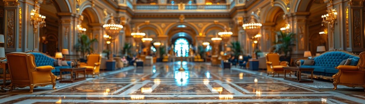 Grand Hotel Lobby with Soft Focus on Elegance and Guests