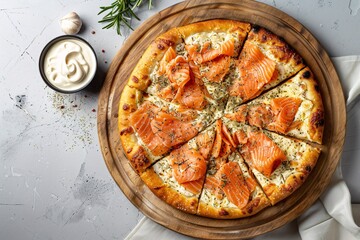 a pizza with salmon slices on a wooden plate