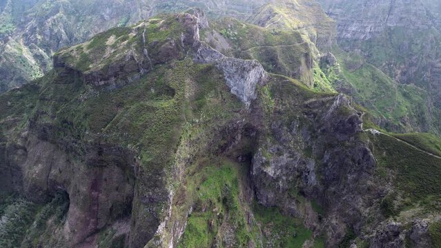 Aerial view of mountain range near Pico Grande Madeira island Portugal
