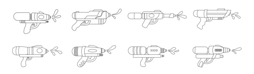 Vector plastic children's toy water gun outline icons set isolated on white background. Line summer pistols collection. Songkran festival traditional game illustration.