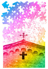 Christian cross of a medieval italian church - The slow growth in faith - Toned concept in jigsaw puzzle shape