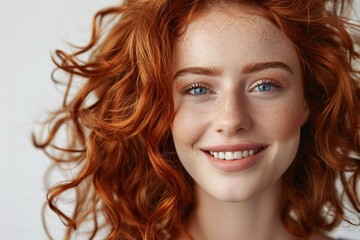 a woman with red hair and freckles smiling - obrazy, fototapety, plakaty