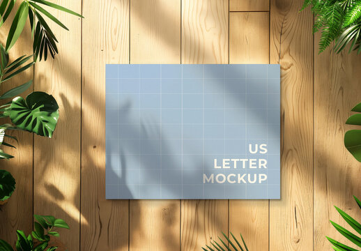 Us Letter Paper Mockup On The Wooden Table With Green Plants and Generative ai