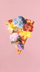 Poster. Contemporary art collage. Piece of pizza with flowers instead of eatable ingredients against pink background. Concept of food and drink, inspiration, surrealism, fashionable. Pop art.