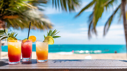 Cocktails on a tropical beach with palm trees and blue sky
