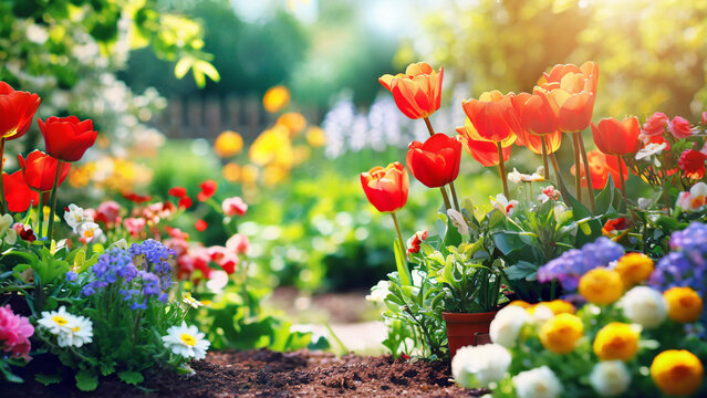Beautiful spring flowers in the garden on a sunny day. Nature background