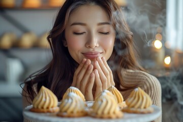 Young Woman Enjoying the Aroma of Freshly Baked Lemon Meringues in a Cozy Home Kitchen Environment
