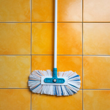 top view Mop cleaning dirty tiled floor to shiny. Household, Detergent Or Cleaning background сreated with Generative Ai