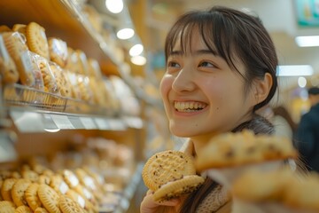 Young Asian Woman Smiling with Delight at Fresh Bakery Pastries in Supermarket