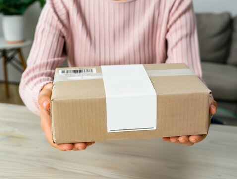 Woman holding white cardboard package