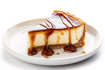 a slice of cheesecake with caramel sauce on a white plate - obrazy, fototapety, plakaty