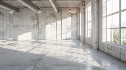 Spacious, modern office interior: bright concrete walls & expansive windows - 3d render mockup
