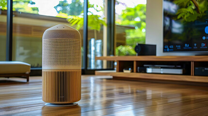 Smart speaker technology in modern home, wireless audio and voice control device on wooden table