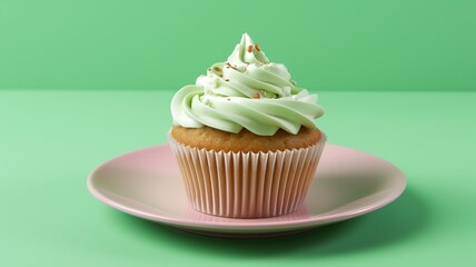 Tasty cupcake on plate on green background