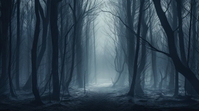 An eerie forest on a misty winter day silhouette concept