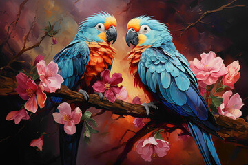 Enchanting parrots amid lush foliage in a garden, their exotic colors and animated personalities captured in a vivid, realistic image.
