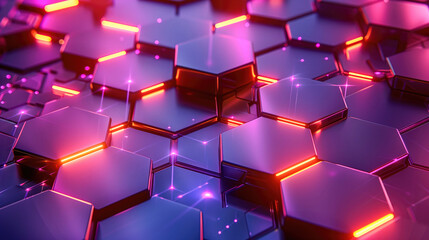 Luminous hexagonal shapes glow with neon lights, creating a futuristic abstract background.