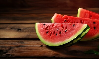 Slices of ripe watermelon in a plate on a wooden table
