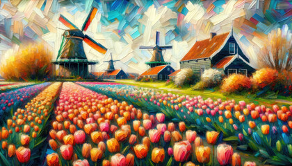 Colorful tulips bloom in the foreground of a quintessential Dutch landscape featuring traditional windmills, all captured in an impressionistic painting style.
