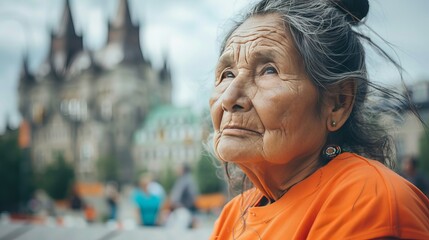Traveler in an orange shirt at a significant landmark, marking the National Day for Truth and Reconciliation, captured in close-up - obrazy, fototapety, plakaty