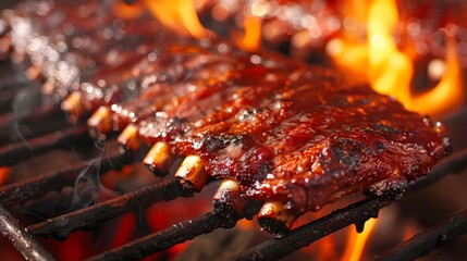 Juicy baby back pork ribs cooking on a fire pit grill, flames licking the meat in close-up, showcasing the art of BBQ perfection - obrazy, fototapety, plakaty