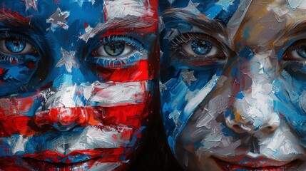 Lovers' faces close-up, painted with American flag design, celebrating 4th July, embodying the spirit of Independence Day in every detail