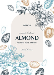 Almond nut frame, spring design. Blooming branches, nuts, flower sketches. Hand-drawn vector illustration. Greeting card or invitation template .  NOT AI generated