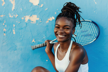 An African American female tennis athlete sitting on the blue tennis court, smiling woman holding a racket, embodying the concept of passion for the sport and physical training