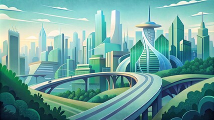 A futuristic cityscape that combines sleek modern architecture with lush green spaces featuring a network of elevated walkways and bike paths - obrazy, fototapety, plakaty