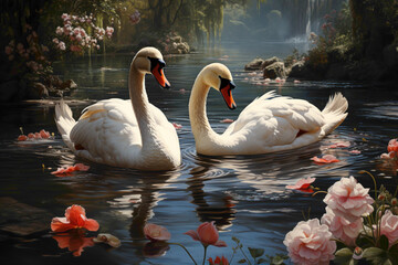 Elegant swans gracefully gliding on a serene garden pond, their pristine white feathers and serene presence creating a tranquil scene.