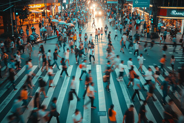 Obraz premium Moving busy crowd of walking people in Bangkok city on pedestrian crossing to subway station at rush hour in the evening 