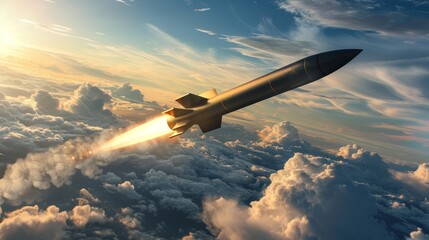 Detailed view of a combat rocket, soaring through the sky above clouds, showcasing the intense dynamics of a missile attack during war - obrazy, fototapety, plakaty