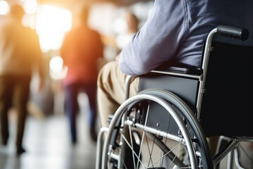 Fototapeta premium AI generated picture of elderly patient in a wheelchair feel isolated hospital rehabilitation