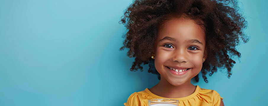 Happy African American little girl with glass of milk isolated on blue background
