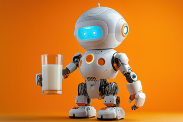 Naklejka premium Happy Japanese little bot with glass of milk isolated on orange background