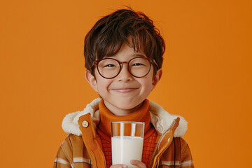 Happy Japanese little boy with glass of milk isolated on orange background