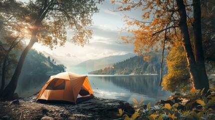 Cozy tent set against a beautiful landscape, highlighting the joy and tranquility of camping in the great outdoors - obrazy, fototapety, plakaty