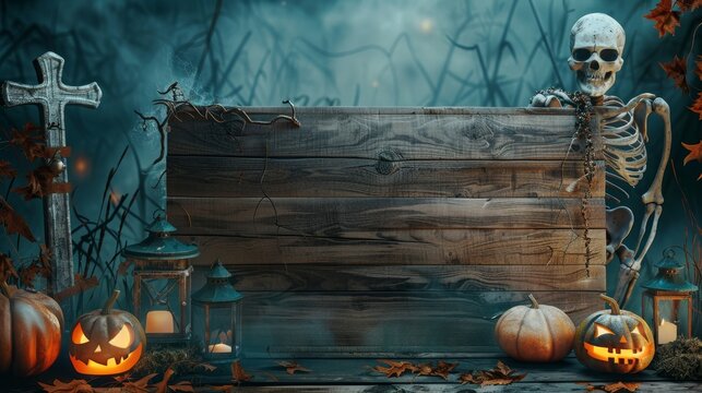 Creepy Halloween invitation background with a skeleton, pumpkins, and lanterns set against a graveyard at night, wooden board with space for text