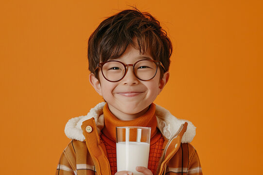 Happy Japanese little boy with glass of milk isolated on orange background