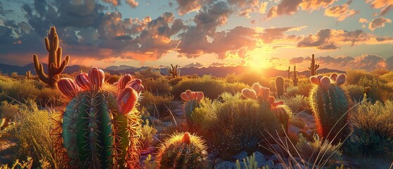 Desert cacti at sunset, photorealistic textures, vibrant sky, natural backlighting ,3DCG,clean sharp focus