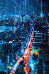 Wireless tech concept, urban night scene, vibrant connections, mid shot view