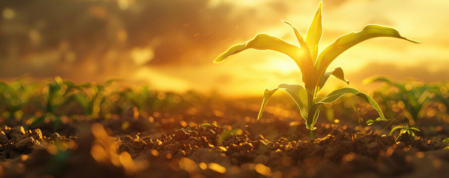 Photo of a corn plant growing in the field with dramatic golden hour sky background